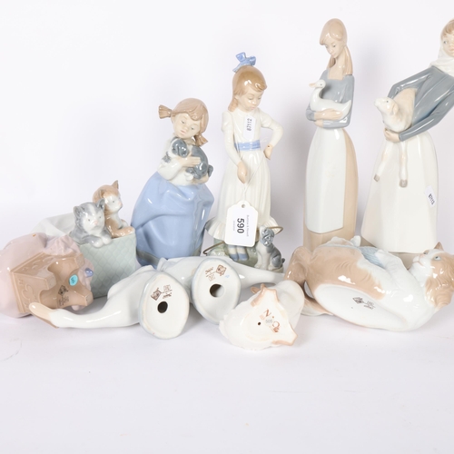 590 - A collection of Lladro and NAO figures and animals, including girl with lamb, a kitten and a ball of... 