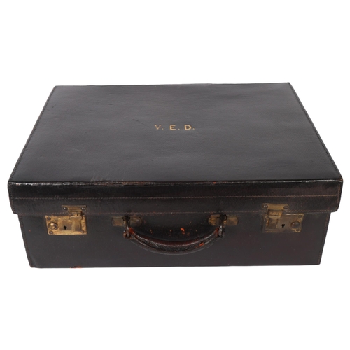 592 - A 20th century leather vanity case, with fitted interior, monogram V.E.D., W51cm