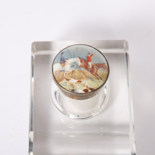 77 - An early 20th century glass pen/ink stand, ink stand having a painted hunting scene lid, W7.5cm