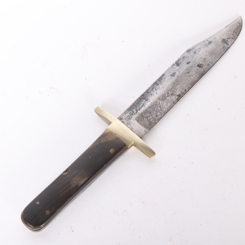 89 - A bowie type knife, with steel chamfered blade and brass cross guard and horn-mounted handle, marked... 
