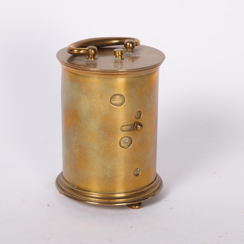 91 - An Antique cylindrical brass-cased carriage clock, with secondary dial, complete with key, height no... 