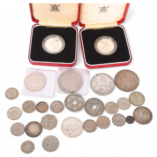 94 - 2 presentation silver one lottie coins, cased, 3 x 1935 crowns, etc
