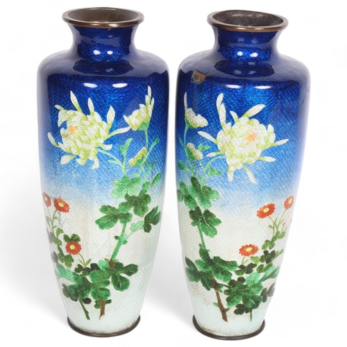 799 - Pair of Japanese cloisonne vases, floral decorated on blue and white ground, H24.5cm