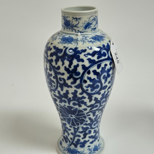 245 - 2 similar Chinese blue and white baluster vases, floral decoration, both stamped to the underside wi... 