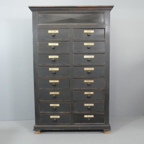 A painted pine bank of Apothecary drawers. 117x184x52cm.