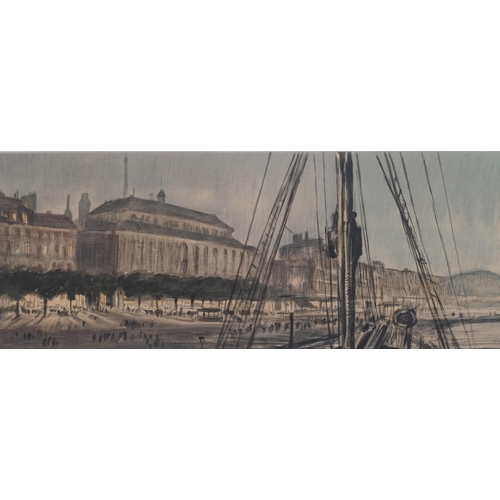 238 - Muirhead Bone (1876 - 1953), harbour scene, mixed media charcoal and wash, 16cm x 45cm, framed