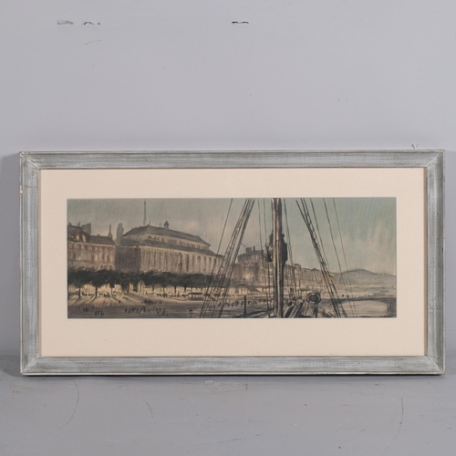 238 - Muirhead Bone (1876 - 1953), harbour scene, mixed media charcoal and wash, 16cm x 45cm, framed