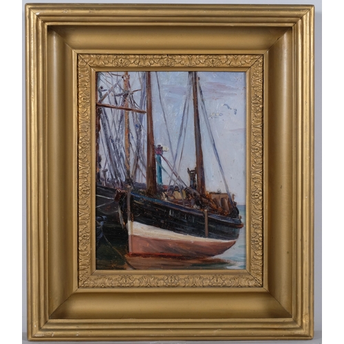 240 - Boats in harbour, early to mid-20th century oil on board, unsigned, 35cm x 27cm, framed