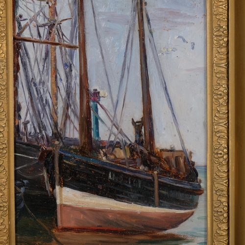 240 - Boats in harbour, early to mid-20th century oil on board, unsigned, 35cm x 27cm, framed