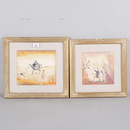 250 - Ross Foster, 4 surrealist scenes, watercolour, 21cm x 24cm, framed