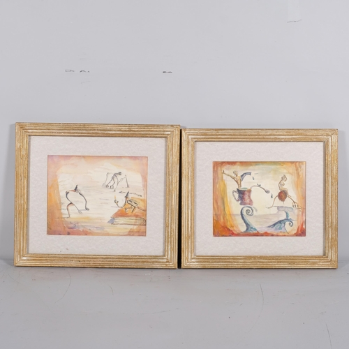 250 - Ross Foster, 4 surrealist scenes, watercolour, 21cm x 24cm, framed