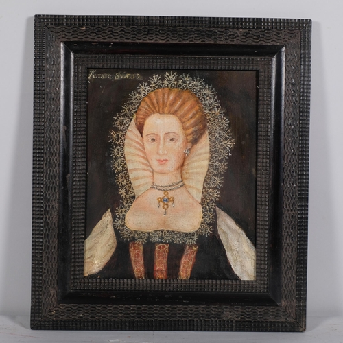 252 - Elizabethan style portrait of a woman, oil on wood panel, mid to late 20th century, in carved wood f... 