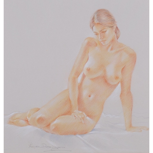 255 - Luisa Dominguez, nude life study Isabel, coloured pastels on paper, signed, 25cm x 25cm, framed