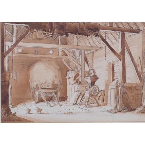 266 - P Daniel, barn interior, sepia watercolour/ink, 1933, 26cm x 39cm, framed