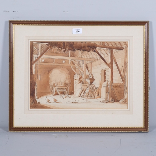 266 - P Daniel, barn interior, sepia watercolour/ink, 1933, 26cm x 39cm, framed