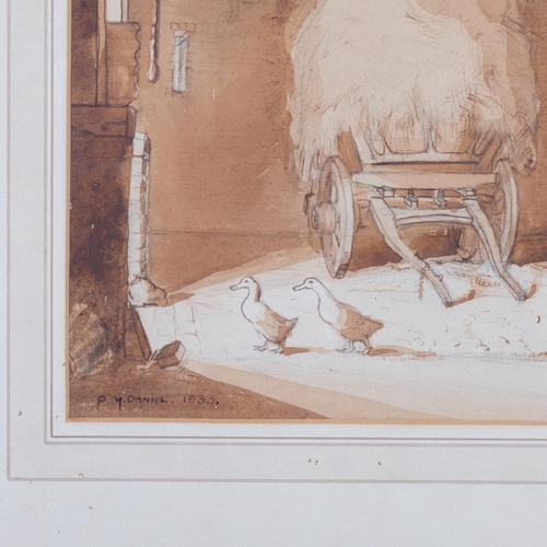 266 - P Daniel, barn interior, sepia watercolour/ink, 1933, 26cm x 39cm, framed