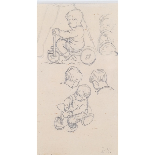 268 - Dorothea Sharp (1874-1955), pencil drawing on paper, Boy on Tricycle, initialled in pencil, 16cm x 8... 