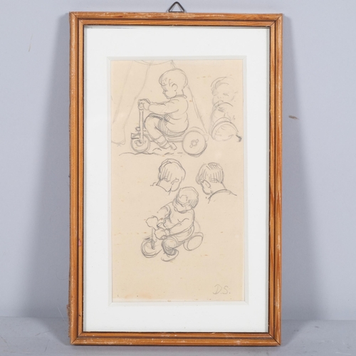 268 - Dorothea Sharp (1874-1955), pencil drawing on paper, Boy on Tricycle, initialled in pencil, 16cm x 8... 