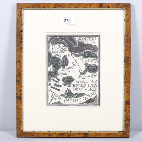 270 - David Jones (1895-1974), hand-coloured wood engraving on paper, Map of a Voyage to Laputa, from Gull... 