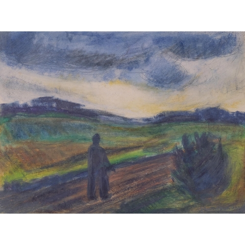 296 - Swedish School, figure in landscape, 1942, indistinctly signed, 22cm x 30cm, framed