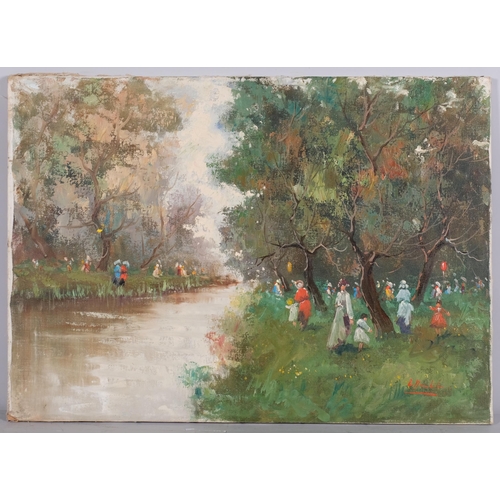 299 - Figures on a riverbank, mid-20th century oil on canvas, indistinctly signed, 50cm x 70cm, unframed