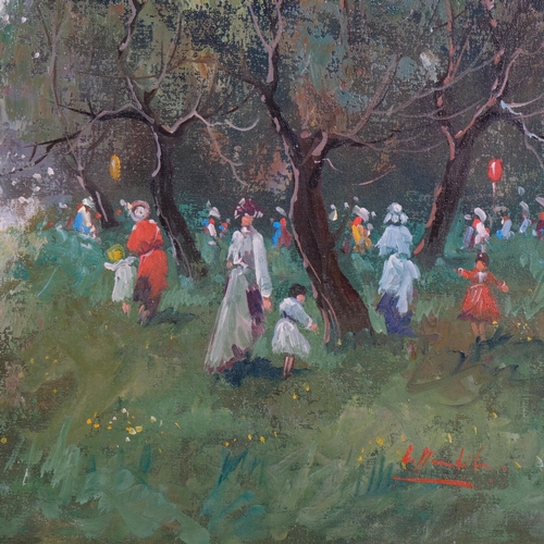 299 - Figures on a riverbank, mid-20th century oil on canvas, indistinctly signed, 50cm x 70cm, unframed