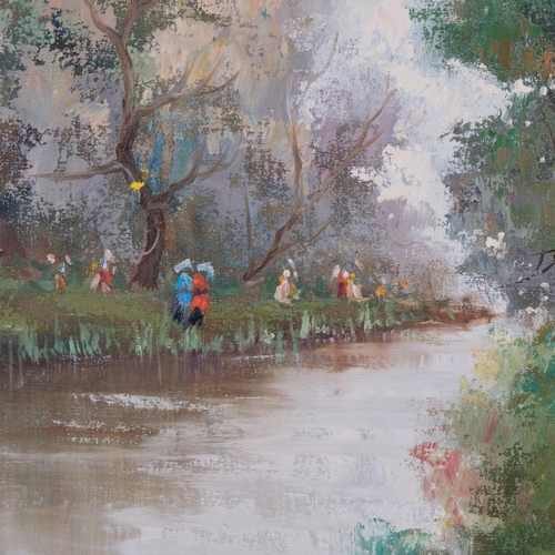 299 - Figures on a riverbank, mid-20th century oil on canvas, indistinctly signed, 50cm x 70cm, unframed