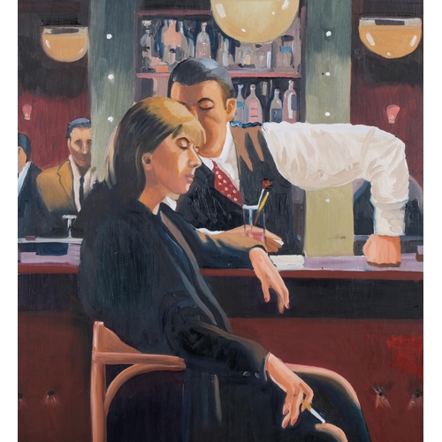 304 - Style of Jack Vettriano, cocktail bar, oil on board, 60cm x 50cm, framed