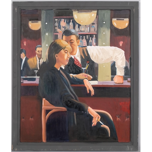 304 - Style of Jack Vettriano, cocktail bar, oil on board, 60cm x 50cm, framed