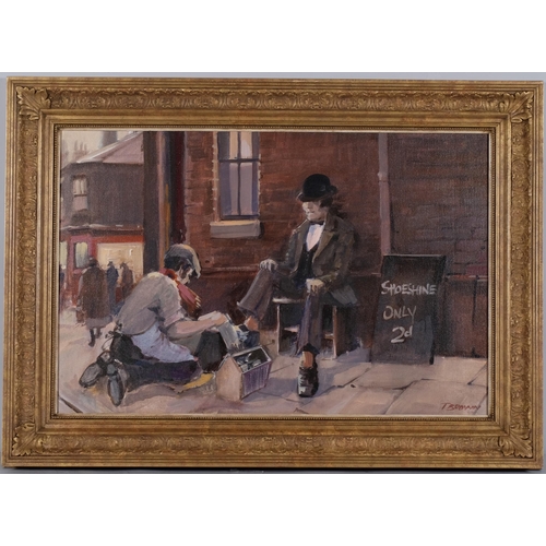 305 - Tom Brown, shoe shine, oil on board, 50cm x 75cm, framed