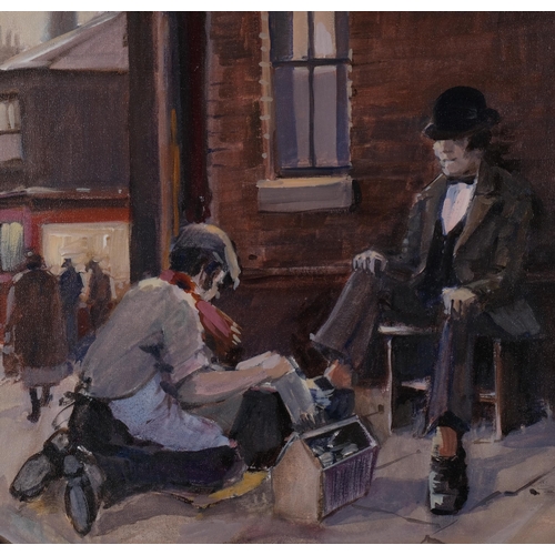 305 - Tom Brown, shoe shine, oil on board, 50cm x 75cm, framed