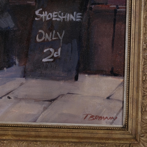 305 - Tom Brown, shoe shine, oil on board, 50cm x 75cm, framed