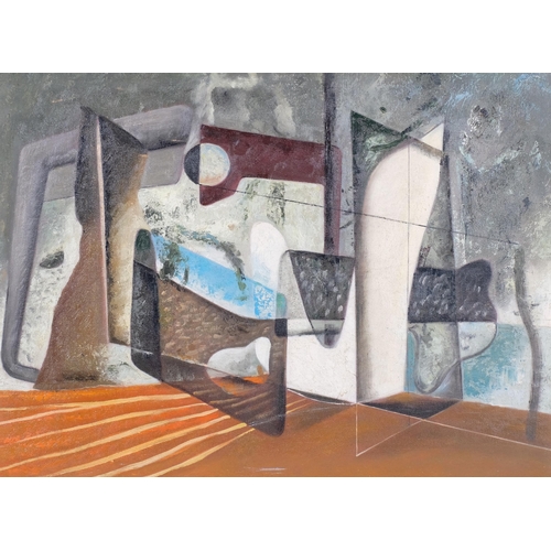 325 - Style of John Tunnard, abstract composition, contemporary oil on board, 45cm x 60cm, framed