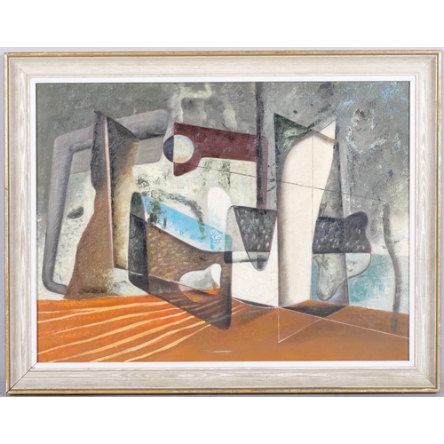 325 - Style of John Tunnard, abstract composition, contemporary oil on board, 45cm x 60cm, framed