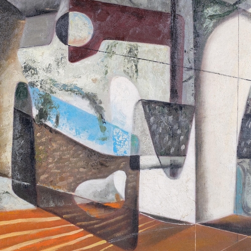 325 - Style of John Tunnard, abstract composition, contemporary oil on board, 45cm x 60cm, framed