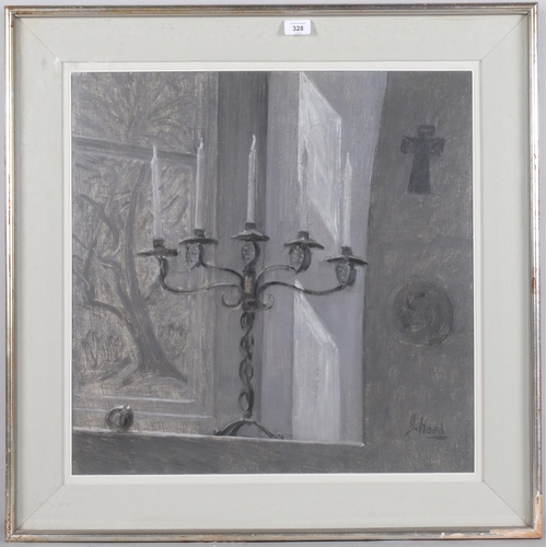 328 - Jeremiah Hoad (Irish, 1924  - 1999), moonlit still life, monochrome oil on board, 60cm x 60cm, frame... 