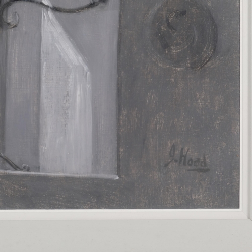 328 - Jeremiah Hoad (Irish, 1924  - 1999), moonlit still life, monochrome oil on board, 60cm x 60cm, frame... 