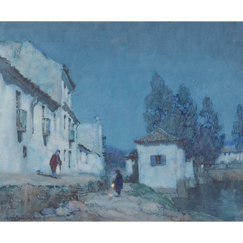 105 - Albert Moulton Foweraker (1873 - 1942), moonlit Continental village scene, watercolour, 23cm x 27cm,... 