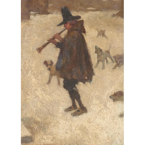 108 - Tom Browne, the Pied Piper, oil on board, late 19th/early 20th century, 32cm x 23cm, framed