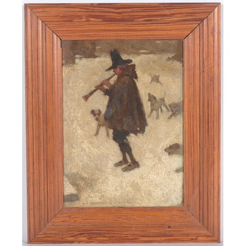 108 - Tom Browne, the Pied Piper, oil on board, late 19th/early 20th century, 32cm x 23cm, framed