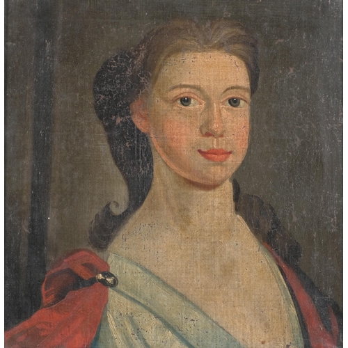 114 - 18th century portrait of a woman, oil on canvas laid on panel, unsigned with indistinct inscription ... 