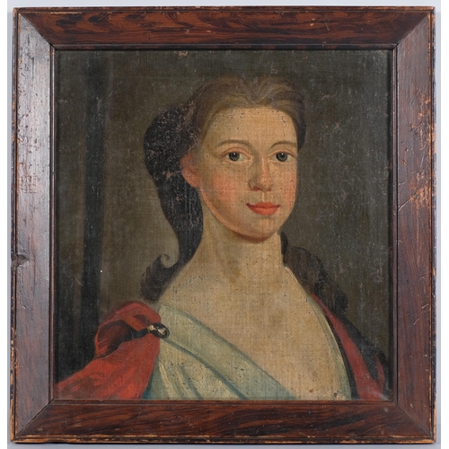 114 - 18th century portrait of a woman, oil on canvas laid on panel, unsigned with indistinct inscription ... 