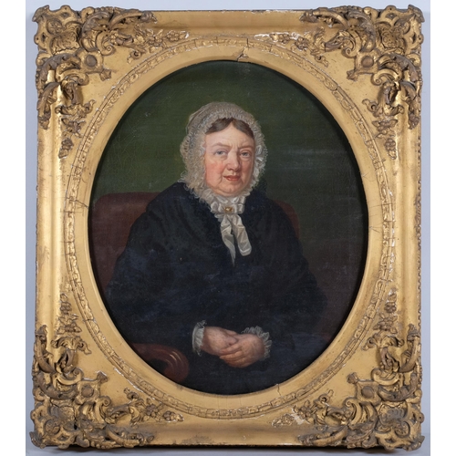 115 - 19th century portrait of a woman, oil on canvas, overall frame dimensions 52cm x 44cm, original gess... 