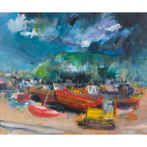 123 - David Fowler, boats on Hastings beach, oil on paper, 75cm x 90cm, framed and glazed