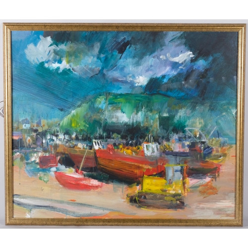 123 - David Fowler, boats on Hastings beach, oil on paper, 75cm x 90cm, framed and glazed