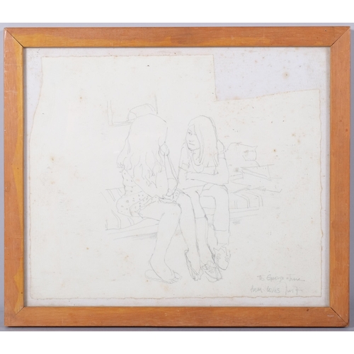 125 - Louis Turpin, portrait of 2 girls, pencil sketch, 27cm x 31cm, framed