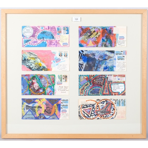 128 - Fred Burton, eight American missives (8 watercolour paintings on airmail envelopes, framed and glaze... 