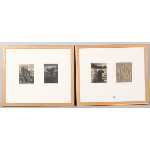 136 - Simon Marsh, 4 etchings, all signed in pencil, mounted in 2 frames, overall frame dimensions 38cm x ... 