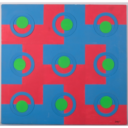 139 - D Ashby, abstract geometric composition, oil/collage on canvas, 1967, 78cm x 81cm, unframed