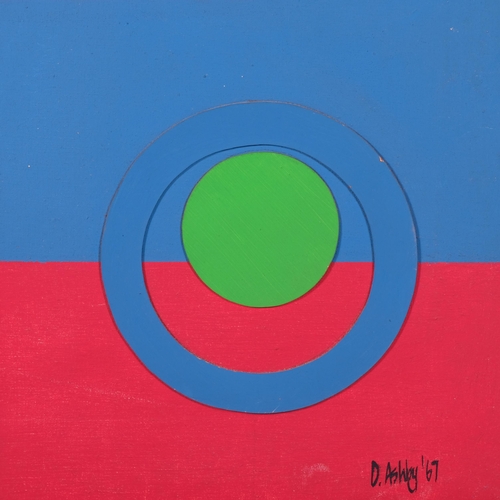 139 - D Ashby, abstract geometric composition, oil/collage on canvas, 1967, 78cm x 81cm, unframed